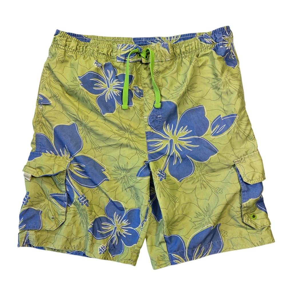 Mens Green Blue Hibiscus Floral Cargo Swim Trunks Mesh Lined Size L 34 Waist
